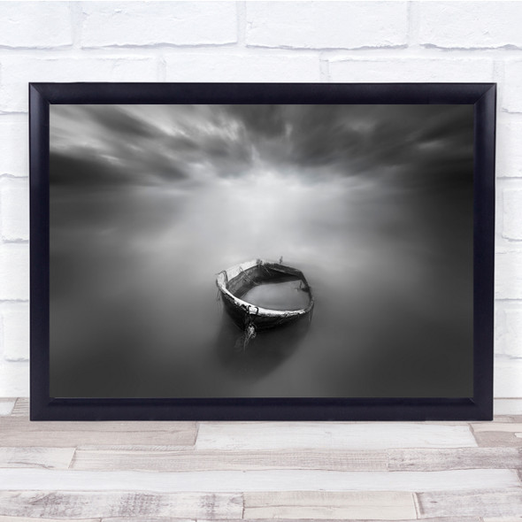 Black & White Spain Boat Forgotten Old Abandoned Skinking Cloudy Wall Art Print