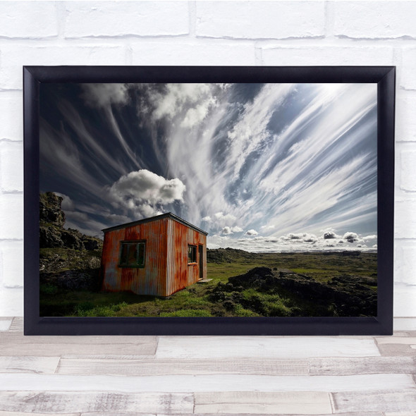 Cabin Shack Hut Landscape Sky Clouds Iceland Shed Rust Rusty Old Wall Art Print