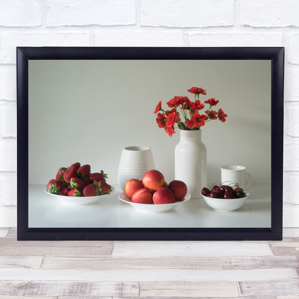 Fruit Fruits Summer Red Strawberries Nectarines Cherries Flowers Wall Art Print