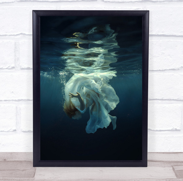 Girl Dress Swimming Water Dive Lace Hair Reflection Bubbles Blue Wall Art Print