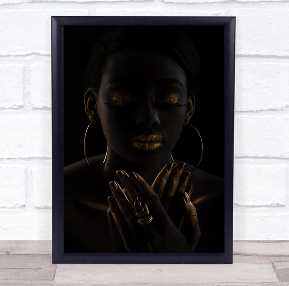 Gold Golden Make Up Makeup Make-Up Portrait Closed Eyes Dark Low Wall Art Print