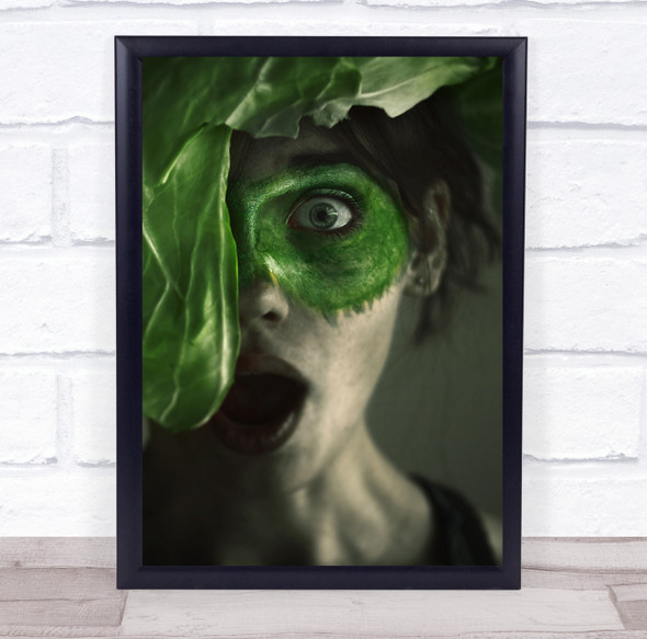 Humour Woman Green Leave Cabbage Vegetable Eyes Expression Mouth Wall Art Print