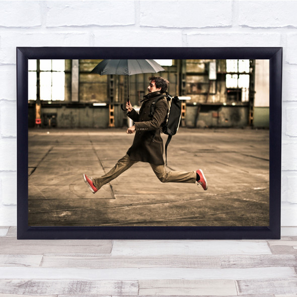 Man Jump Umbrella Industrial Frozen Action Absurd Vintage Martin Wall Art Print