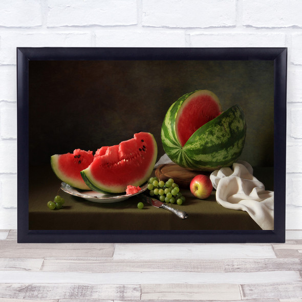 Melon Watermelon Red Fruit Fresh Slice Slices Knife Kitchen Food Wall Art Print