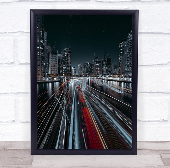 Night Dubai Uae United Arab Emirates Streaks Light Trails Marina Wall Art Print