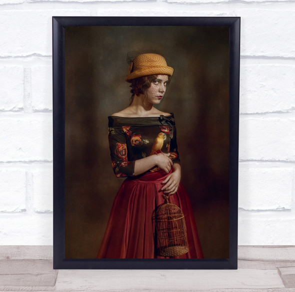 Portrait Bird Rose Roses Dress Woman Hat Net Cage Female Vintage Wall Art Print