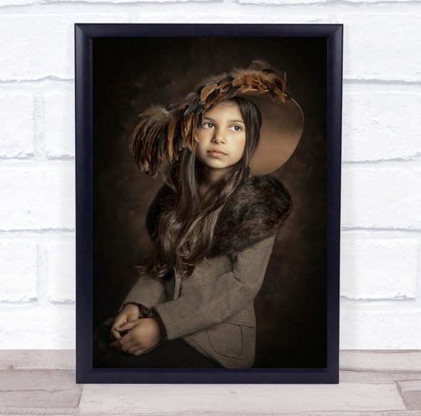 Portrait Child Brown Hat Kid Girl Fur Coat Feather Feathers Indy Wall Art Print