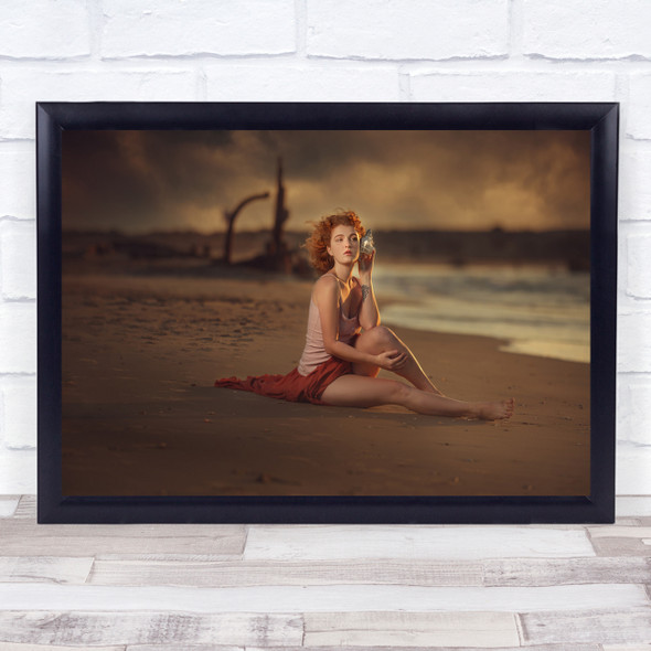 Portrait Outside Outdoors Shell Seashell Nautilus Sand Beach Sit Wall Art Print