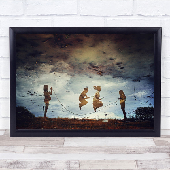 Reflection Children Game Skipping Field Jumping Puddle Wet Water Wall Art Print