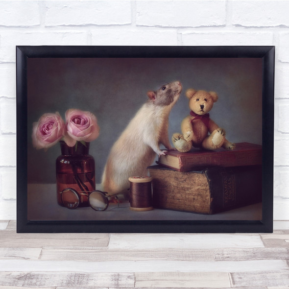 Still Life Teddy Bear Books Mpuse Glasses Spectacles Vase Bottle Wall Art Print