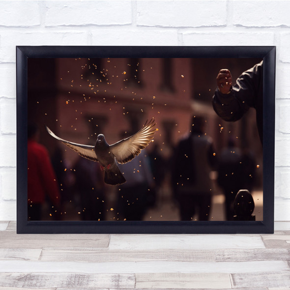 Street Pigeon Bird Flight Fly Flying Food Seed Seeds Bokeh Wings Wall Art Print