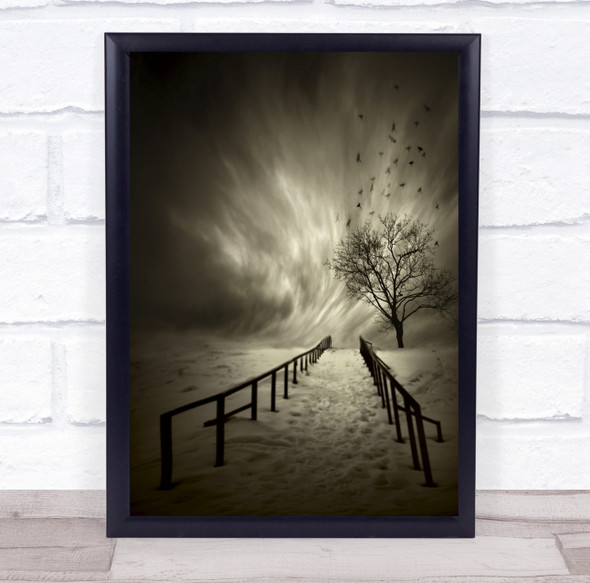 Tree Birds Sky Winter Snow Fence Railing Creative Edit Landscape Wall Art Print