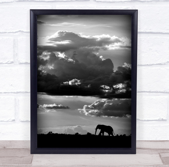 Elephant Wildlife Africa Nature Safari Sky Clouds Black & White Savannah Print