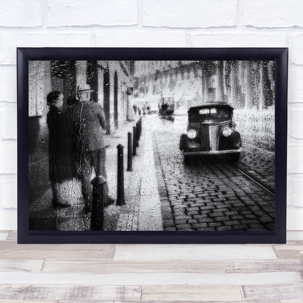 Rain Raining Window Street Vintage Texture Black & White Car Cobblestone Print