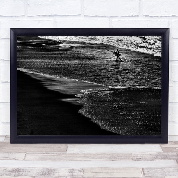 Surfer Surfing Board Surfboard Black & White Sea Ocean Water Wave Action Print