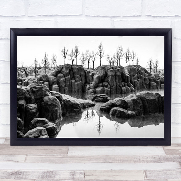 Trees Stone Cliff Cliffs Rock Rocks Stream Water Black & White Landscape Print