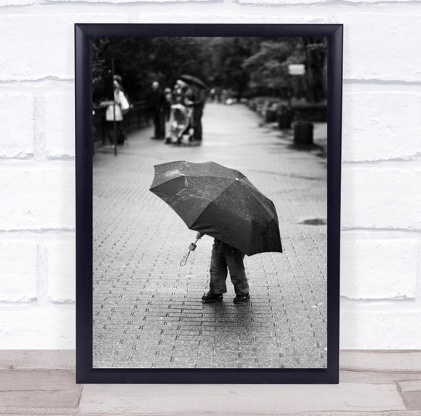 Umbrella Kid Black & White Street Child Rain Raining Wet Rainy Small Fun Print
