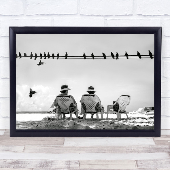 Vacation Holiday Resort Relax Chair Chairs Birds Black & White Beach Sit Print