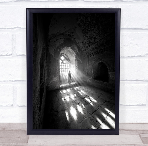 Window Windowsill Buddhism Buddhist Monk Black & White Light Rays Sacred Print