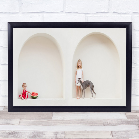 Arch Architecture Girl Watermelon Whippet Dog High Key High-Key Wall Art Print