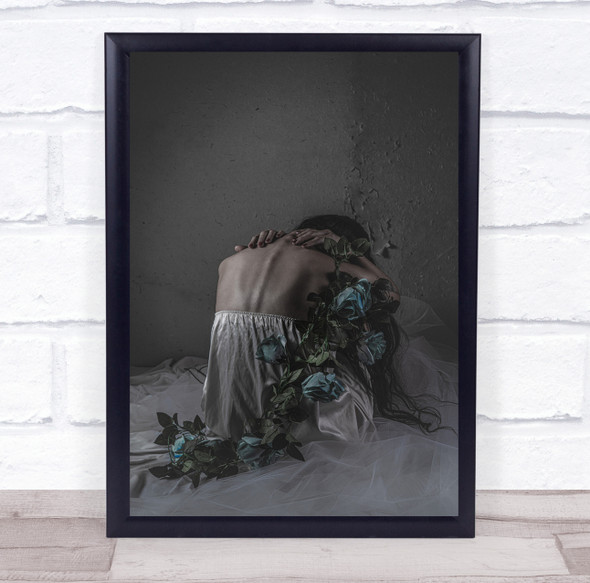 Attaining The Impossible white dress crouching sad blue flowers Wall Art Print