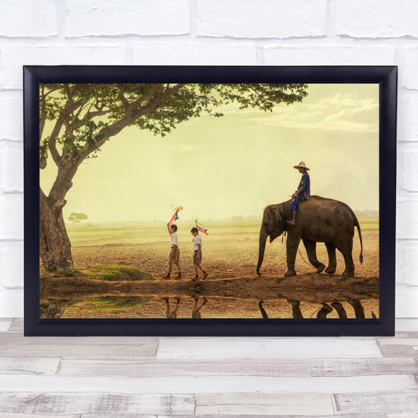 Elephant Child Boy Childhood Animal Animals Ride Riding Outside Wall Art Print