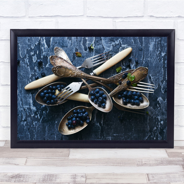 Food Berries Blueberries Berry Blueberry Blue Spoon Spoons Fork Wall Art Print