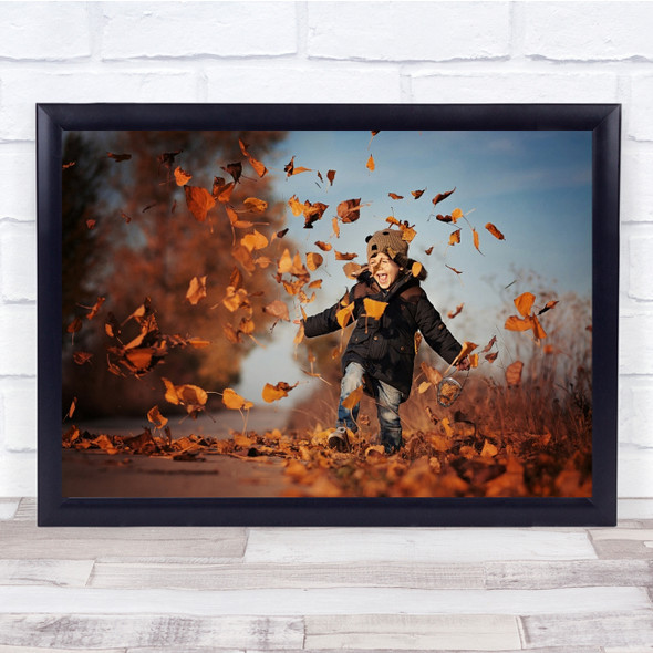 Happy Joy Leaves Leaf Child Kid Autumn Person Glad Fall Playing Wall Art Print