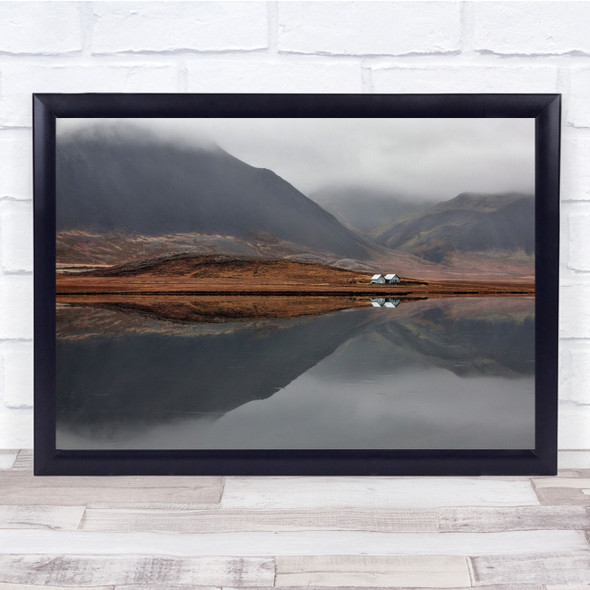 Iceland Water Mountain Reflection Fog House Rural Autumn Houses Wall Art Print