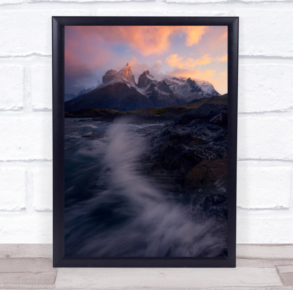 Patagonia Torres Mountain Peak Dawn Light Cloud Lake Water Rock Wall Art Print