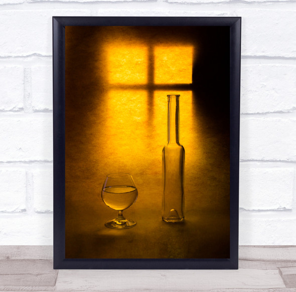 Still Life Yellow Glass Water Liquid Bottle Window Shadow Cross Wall Art Print