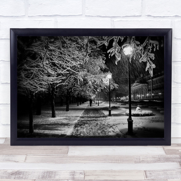 Winter Snow Snowing Wind Cold Night City Trees Branches Walking Wall Art Print