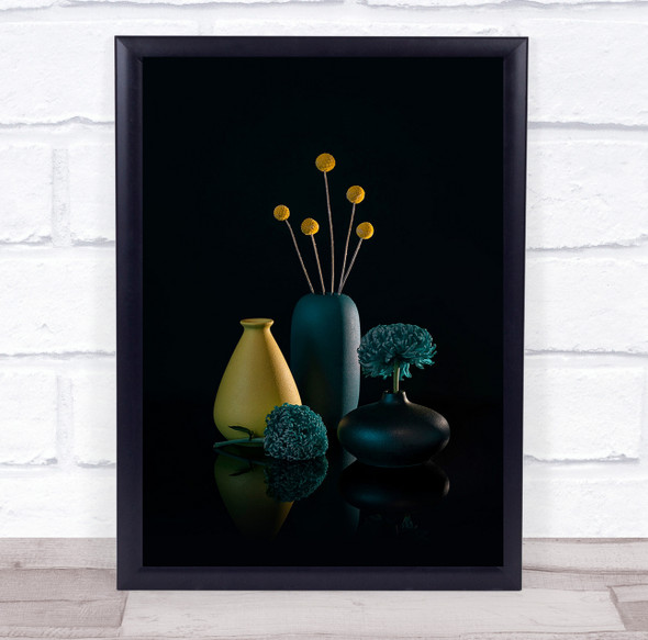 Yellow Flower Teal Still Life No Background Dark Black Meet And Wall Art Print