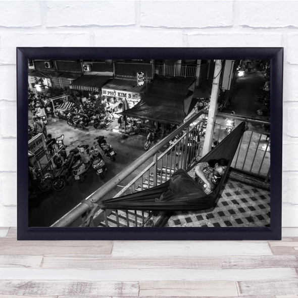 Black & White Sleeping Tired Hammock Black & White Street Night Balcony Print