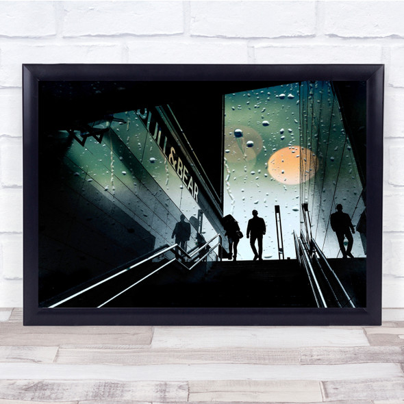 Landscape Full Moon Above Street With People Silhouettes Rain Staircase Print