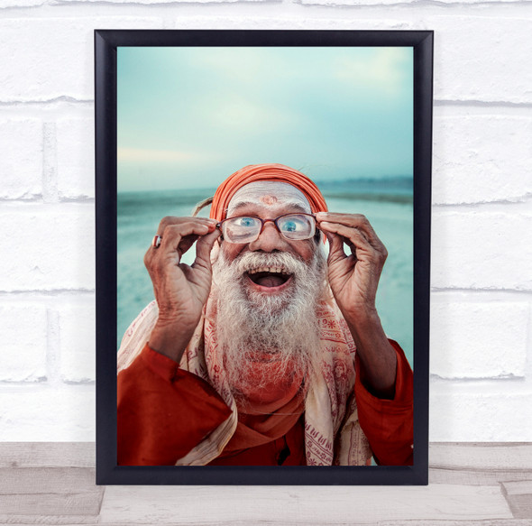 Portrait India Varanasi Sadhu man beard in red happy expression glasses Print