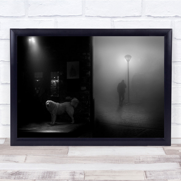 Urban Night Atmosphere Mist Dog Man Light Street Lamp Black & White Pet Print