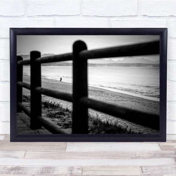 Black & White Beach Dog walk Wood Sand Bush Sea Ship Sky Cloud Wall Art Print