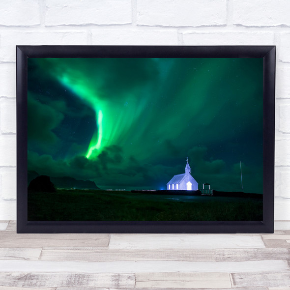 Budir Church Aurora Borealis Iceland Northern Lights Green Sky Wall Art Print