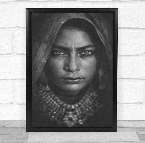 Face Veil Black and white Portrait Necklace Piercing Eyes Girl Wall Art Print