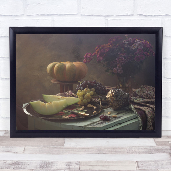 Fruits Melon Flowers Light Stilleben Knife Table Old Halloween Wall Art Print