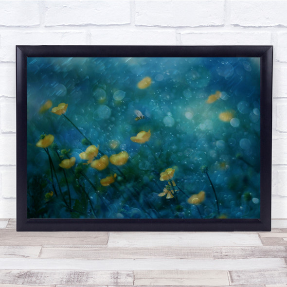 macro brokeh blue buttercups bee rain Wall Art Print