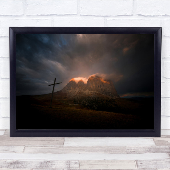 Sunrise At Sella Pass Mountains cross Wall Art Print