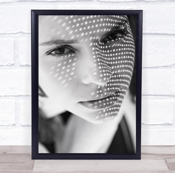 woman close up white light dots stare Wall Art Print