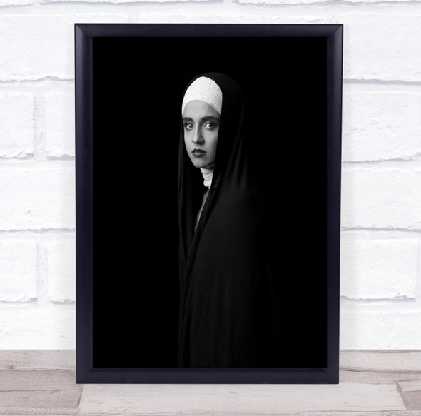 Portrait Woman Person Dark Black & White Nun Holy Religion Religious Print