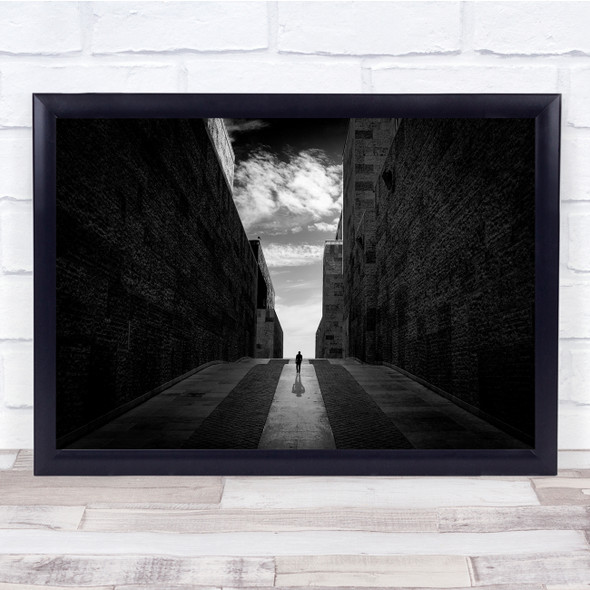 Black & White Architecture Street Man Walking Shadow Cloudy Wall Art Print