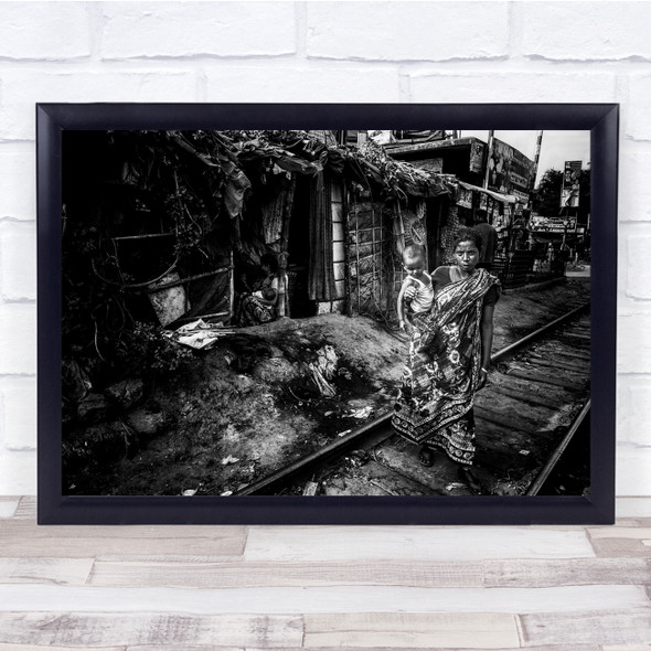 Black & White Mother And Son In A Rail Track Run Down House Wall Art Print