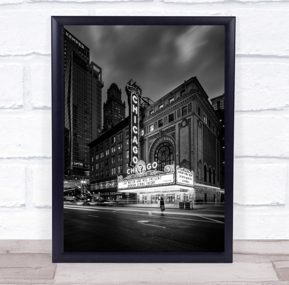 Chicago Theatre Traffic Night Neon Lights City Architecture Wall Art Print