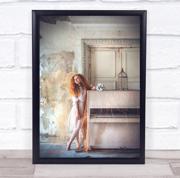 Girl Model Woman Cage Red Hair Dress Piano Instrument Music Wall Art Print