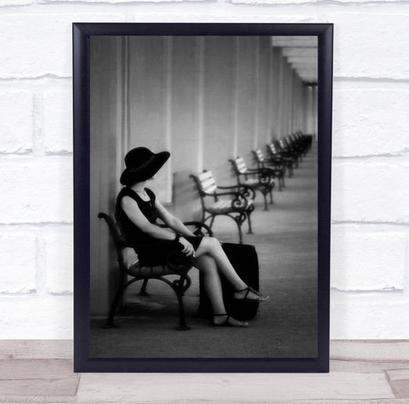 Hat Woman Street Wait Waiting Bench Benches Sit Sitting Bag Wall Art Print